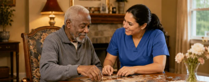 A caregiver and resident at the piano